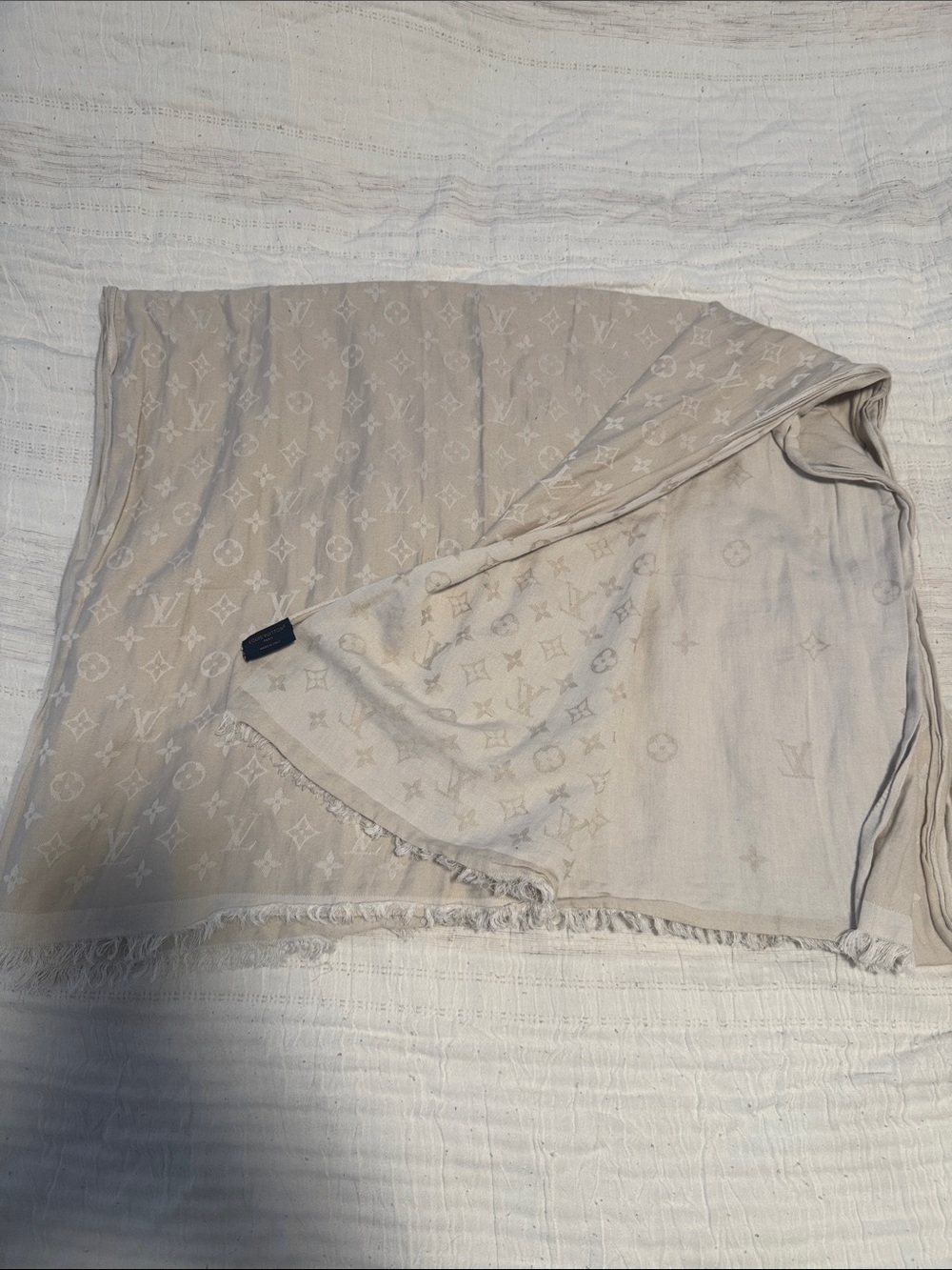 Authentic Louis Vuitton Neutral Beige Monogram Shawl